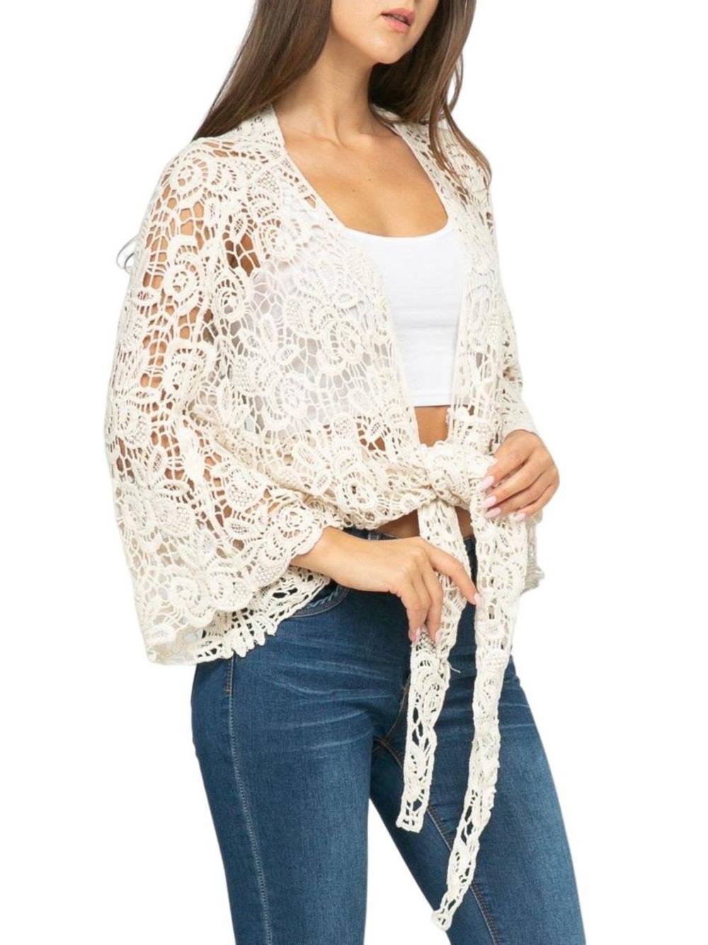 Raj Crochet Tie-Front Lace Shrug - Cream